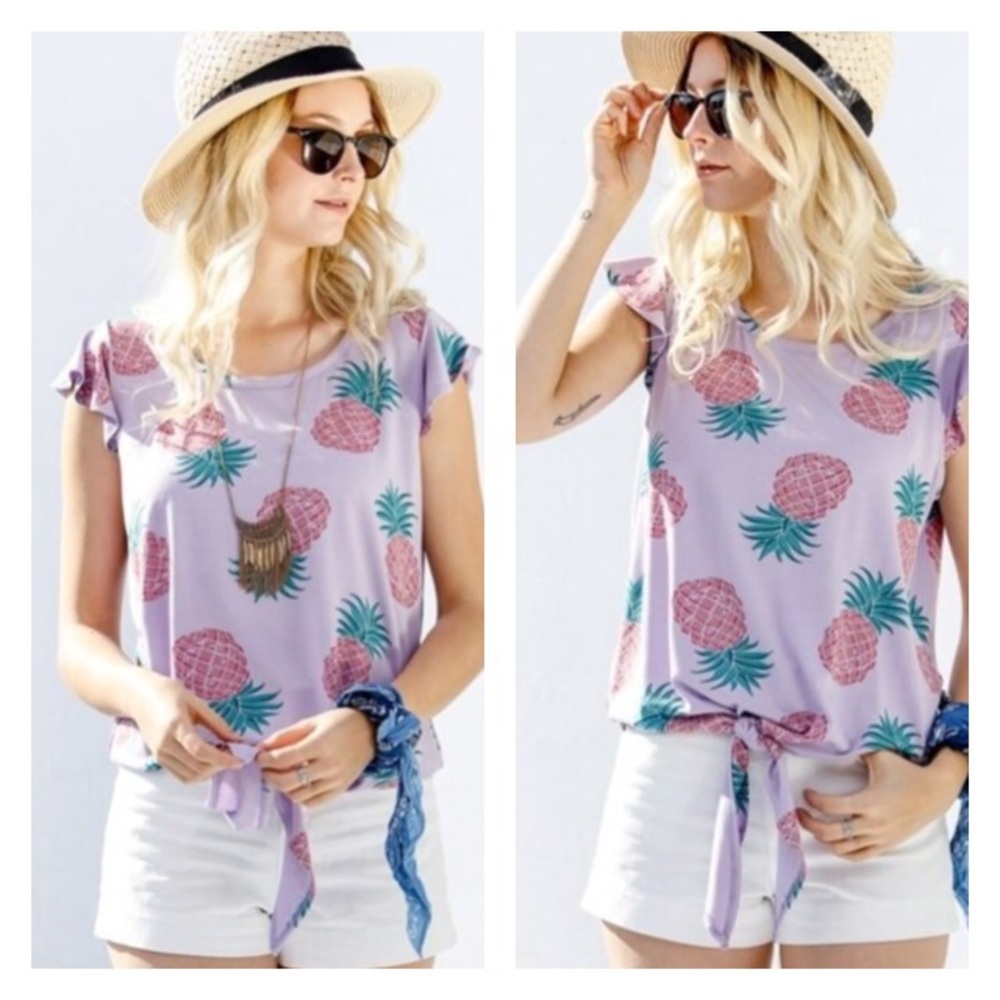 Pineapple ruffle short sleeve tie top